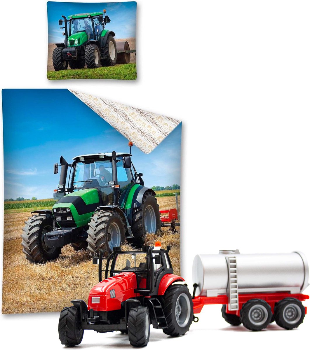 Dekbedovertrek Tractor- 140 x 200 cm - Katoen - Groen , incl. Tractor speelgoed set Giertank