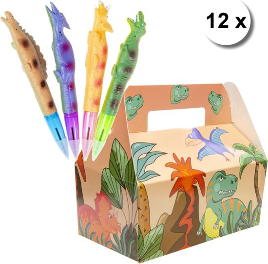 Foto: Menubox dinosaurus dino pen set van 12 stuks traktatie uitdeel doosje kinderfeestje