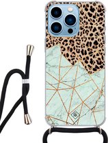 iPhone 13 Pro Max hoesje met koord - Luipaard marmer mint | Apple iPhone 13 Pro Max crossbody case | Zwart, Transparant | Luipaardprint