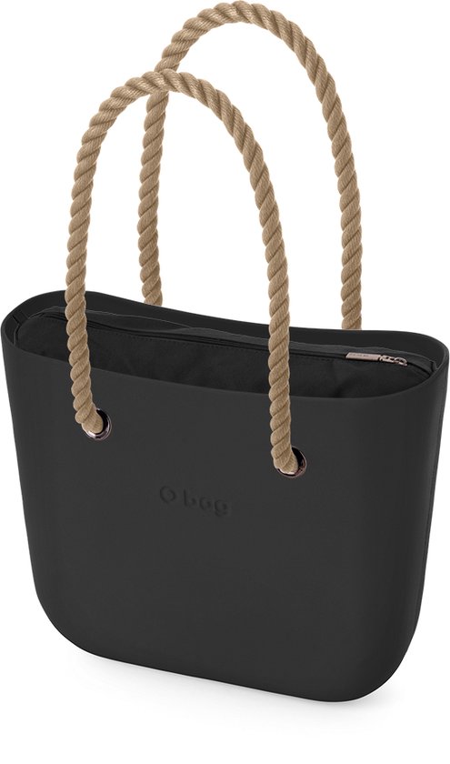 O bag classic BESTSELLER schoudertas in zwart, compleet met lange touw hengsels in naturel en canvas binnentas in zwart
