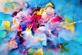 JJ-Art (Glas) 120x80 | Bloem in felle kleuren - kleurrijk - geschilderde stijl - abstracte kunst - woonkamer - slaapkamer | plant, natuur, rood, geel, blauw, groen, modern | Foto-s