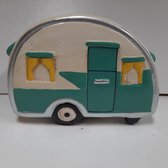 Spaarpot caravan blauw wit met gele gordijntjes