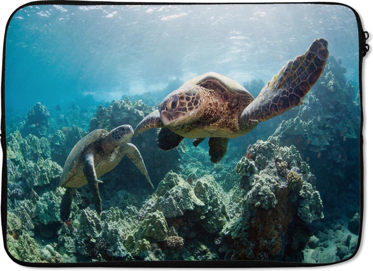 Laptophoes 13 inch - Twee zeeschildpadden - Laptop sleeve - Binnenmaat 32x22,5 cm - Zwarte achterkant