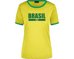 Brasil supporter geel/groen ringer t-shirt Brazilie met vlag - dames - landen shirt - supporter kleding / EK/WK XL
