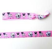 2X Elastische armband c.q. haarelastiek roze met bulldogjes - armband - hond bulldog - roze