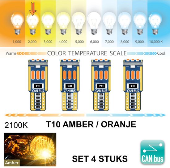 4x T10 Led Lamp Amber 2300K (Set 4 stuks) CANBus Foutloos 5W5 | W5W | Led  Signal Light... | bol.com