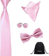 Luxe set stropdas inclusief vlinderstrik pochette en manchetknopen - Roze - Sorprese - strik - strikje - vlinderdas - pochet - heren