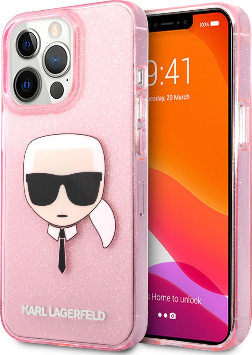 Transparant Roze hoesje van Karl Lagerfeld - Hardcase Backcover - iPhone 13 Pro - Glitter - Karl's head