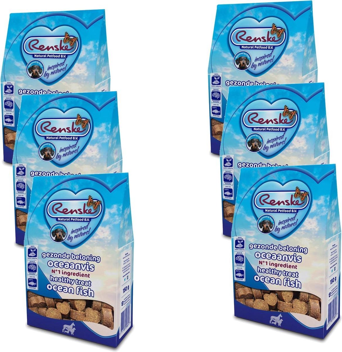 Renske Gezonde Beloning Hartjes 150 g - Hondensnacks - 6 x Vis