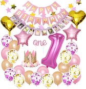 Joya Beauty® 1 Jaar Verjaardag Versiering Set Roze | Baby | 1ste Verjaardagskroon | Happy Birthday Slinger Ballonnen | Meisje