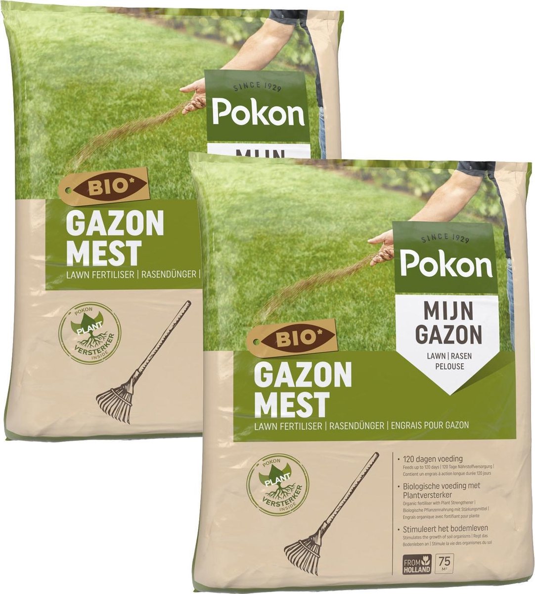 Pokon Bio Gazonmest - 2 x 5kg - Mest - Geschikt voor 2 x 75m² - 120 dagen biologische voeding - Voordeelverpakking