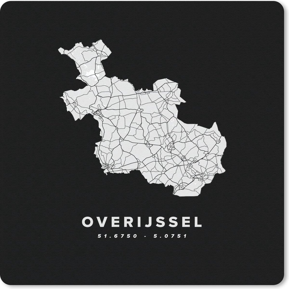 Muismat 30x30 cm - Mousepad Overijssel - Wegenkaart Nederland - Zwart - Muismatten