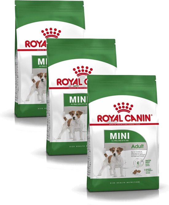 Drie zakken Royal Canin Mini Adult hondenvoer, elk met een afbeelding van een Jack Russell Terriër.