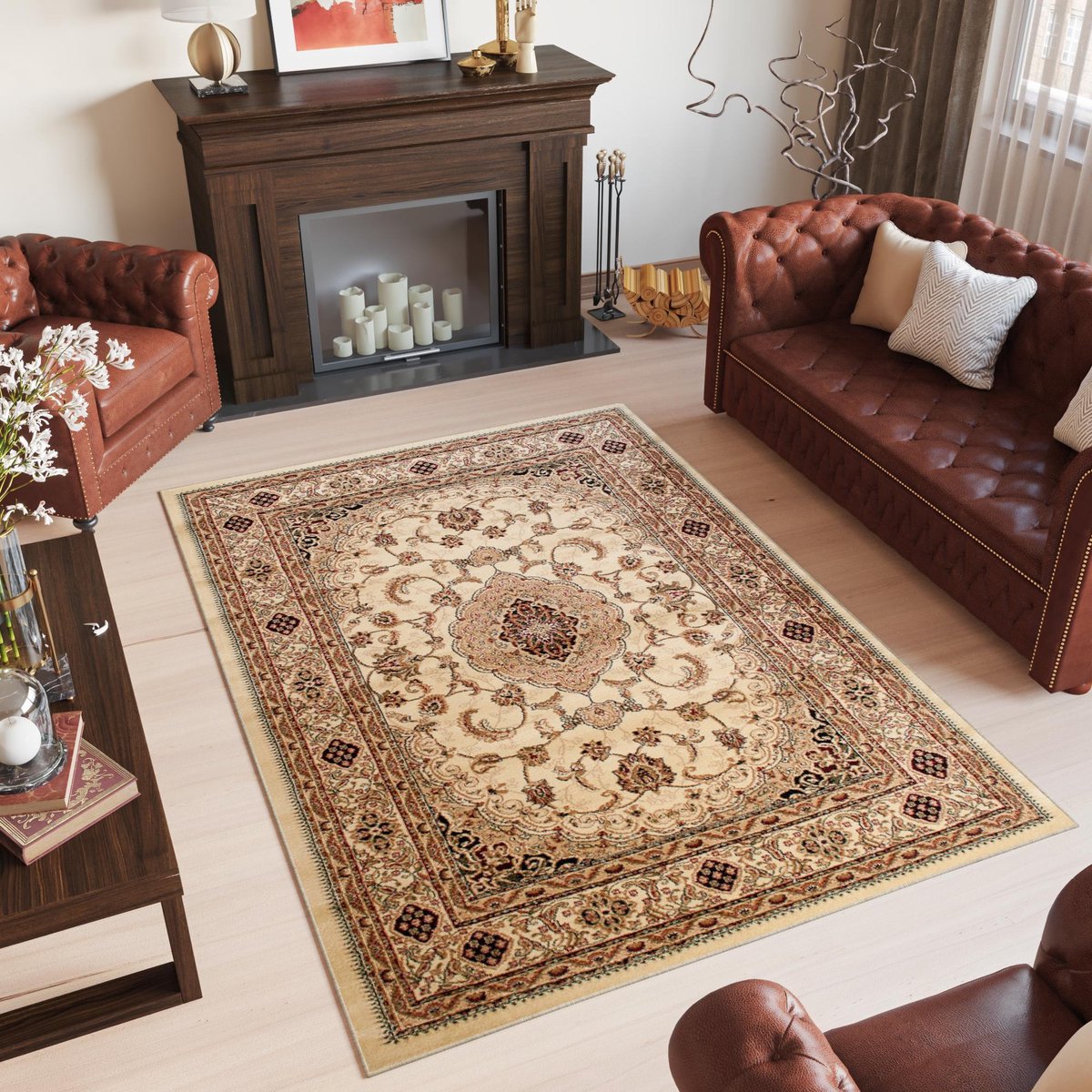Tapiso Yesemek Vloerkleed Creme Klassiek Vintage Medaillon Frame Design Woonkamer Slaapkamer Tapijt Maat - 70x140 Beige2