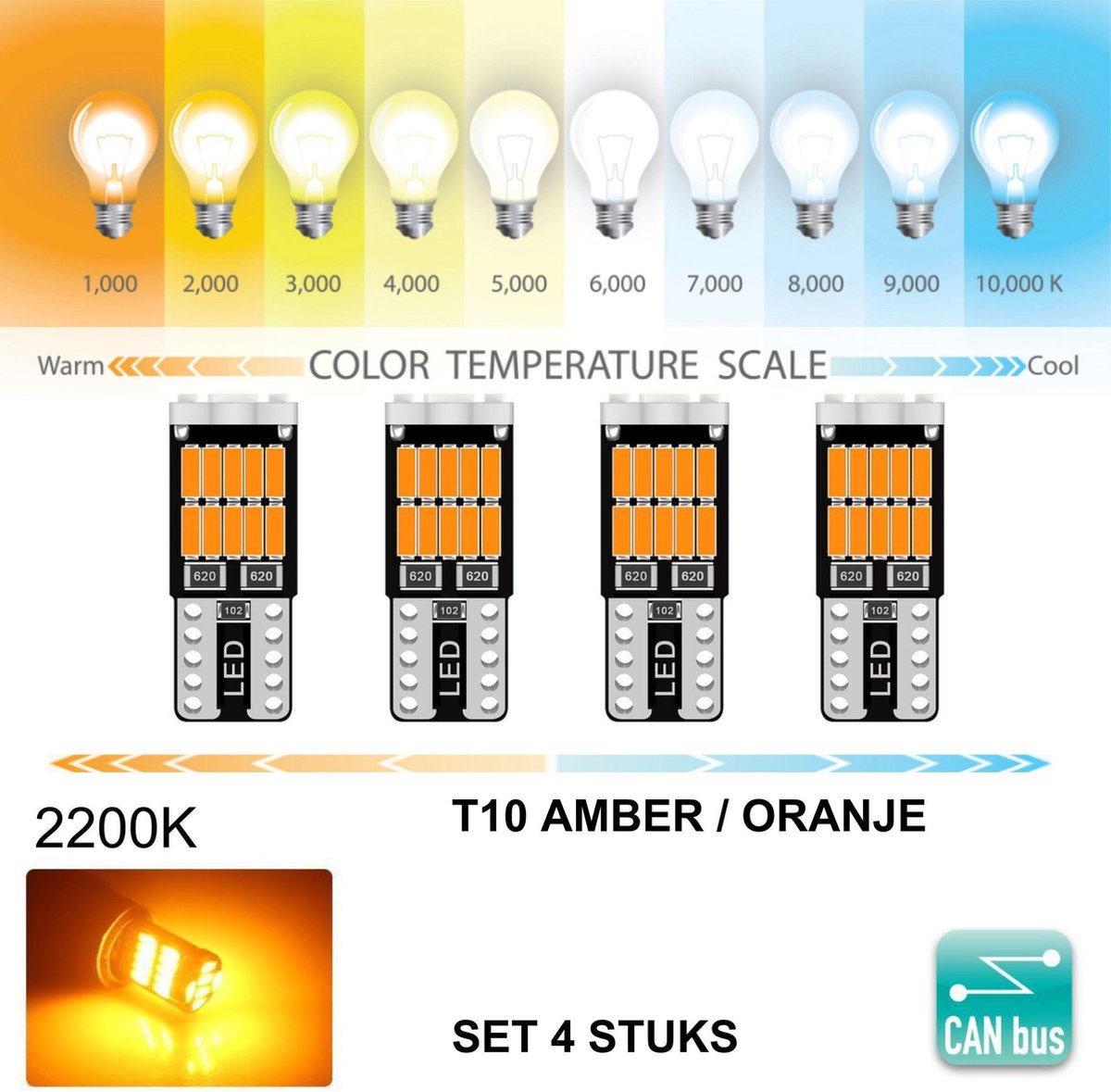 T10 Led Lamp Oranje / Amber (Set 4 stuks) 2100K Canbus 5W5, 460 Lumen, Type T26360-A