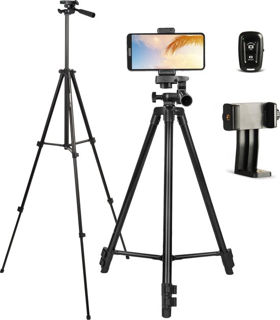 Manaslu tripod statief voor camera (systeem / spiegelreflex) of telefoon - met smartphone houder en bluetooth afstandsbediening - zwart
