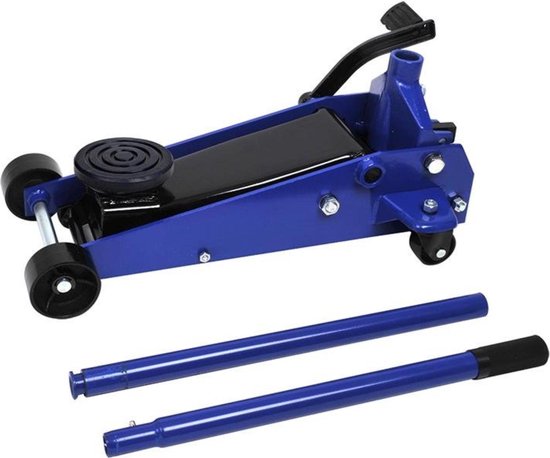 Blauwe garagekrik met twee losse blauwe handgrepen. De krik heeft een ronde zwarte rubberen pad bovenop.