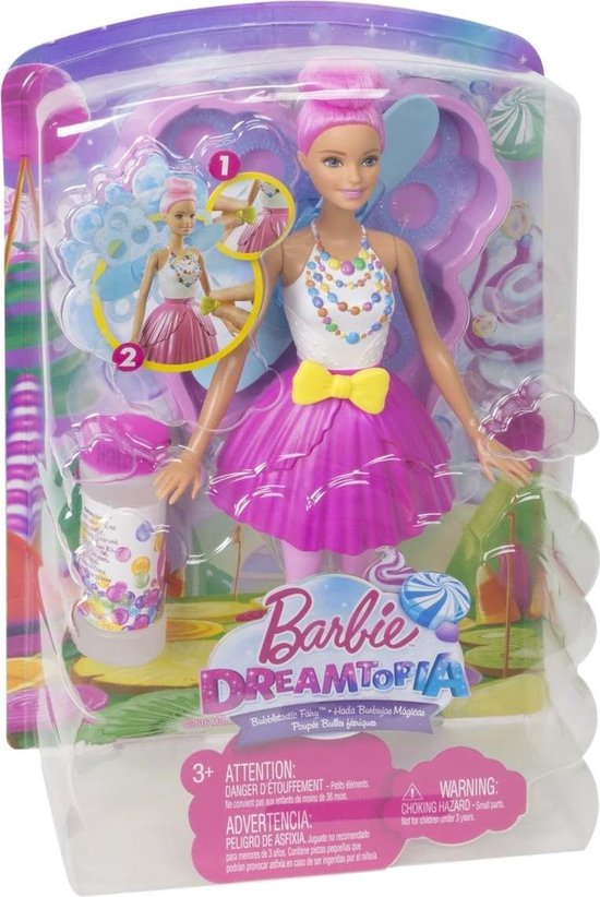 Barbie Dreamtopia zeemeermin met roze haar, witte top met kralen en roze rok. In verpakking met zeep en accessoires.