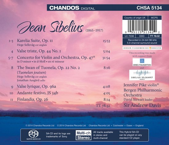 CD-hoes met de titel 'Jean Sibelius', tracklist, Jennifer Pike viool, Bergen Philharmonic Orchestra en Sir Andrew Davis.