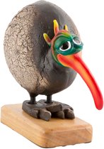 Crazy Clay Comix Cartoon - vogel - beeld - Kiwi - groen - uniek handgeschilderd - massief beeld - op houten voet