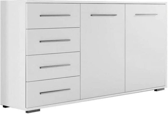 InspireMe- Commode, dressoir lade highboard kast bijzettafel met 2 deuren en 4 lades 135x45x95 cm KOM001 (Wit )