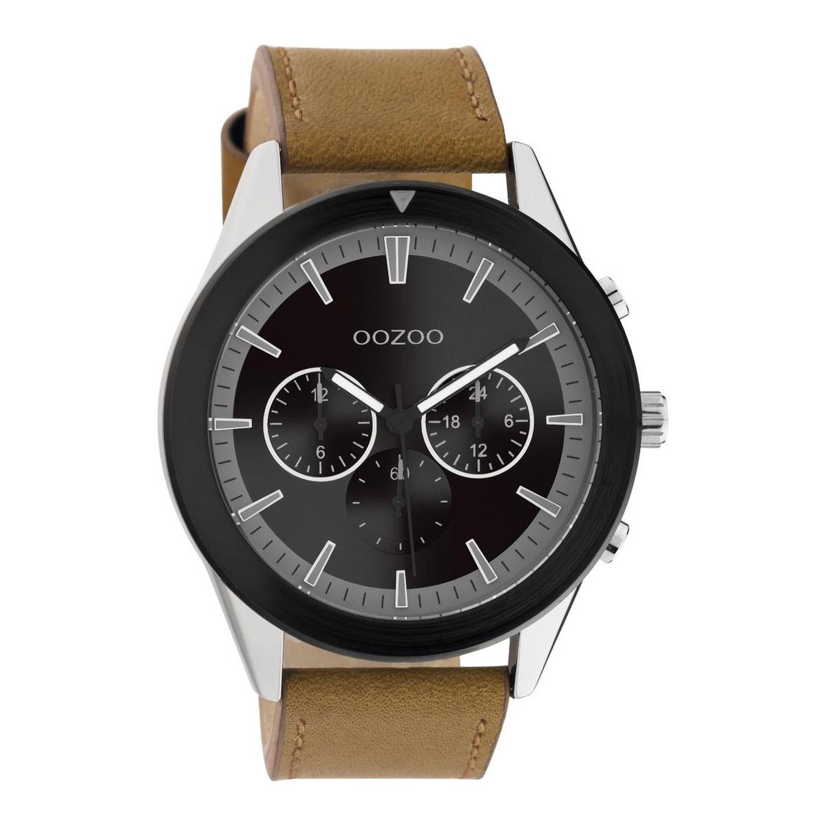 OOZOO Timepieces - zilverkleurige-Zwarte horloge met bruine leren band - C10801 - Ø45
