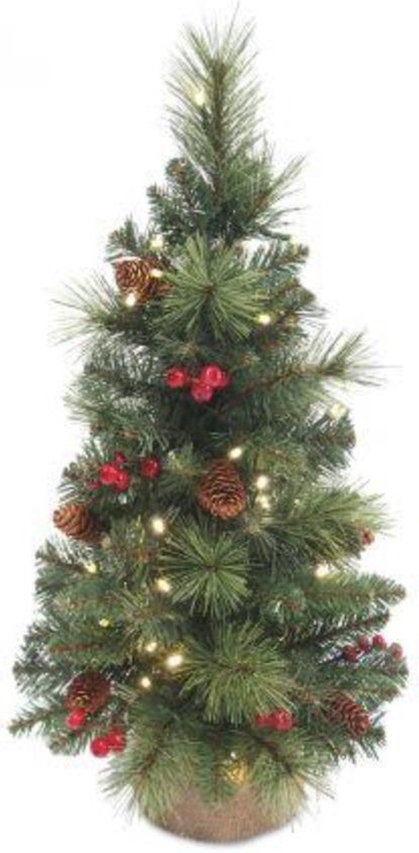 Mini Kunstkerstboom | Miniatuur kerstboom | H: 61 cm | LED verlichting op batterijen | Versierd met dennenappels | 31TPC24B