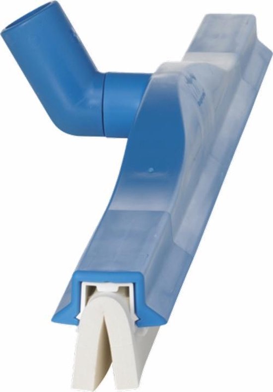 Blauwe Vikan vloertrekker met witte, flexibele rubberen lip en schuine aansluiting voor een steel.