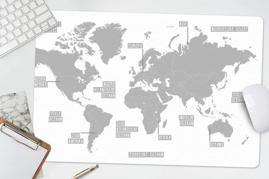 Bureau onderlegger 60x40 cm - Muismat Licht grijze wereldkaart - zwart wit - Bureaulegger xl - Desk mat beschermer - Computer muismatten
