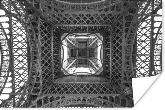 Affiche Vue de dessous de la Tour Eiffel à Paris - noir et blanc - 30x20 cm
