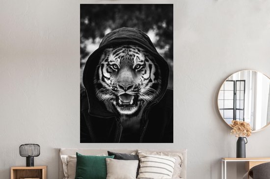 Affiche Tigre avec une capuche - noir et blanc - 120x180 cm XXL