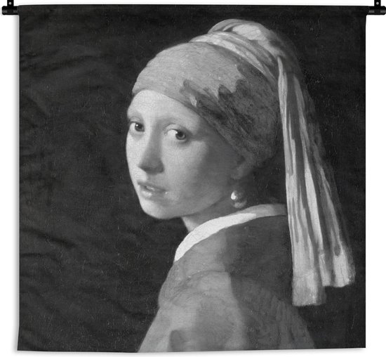 Wandkleed - Wanddoek - Meisje met de Parel - Schilderij van Johannes Vermeer - zwart wit - 60x60 cm - Wandtapijt