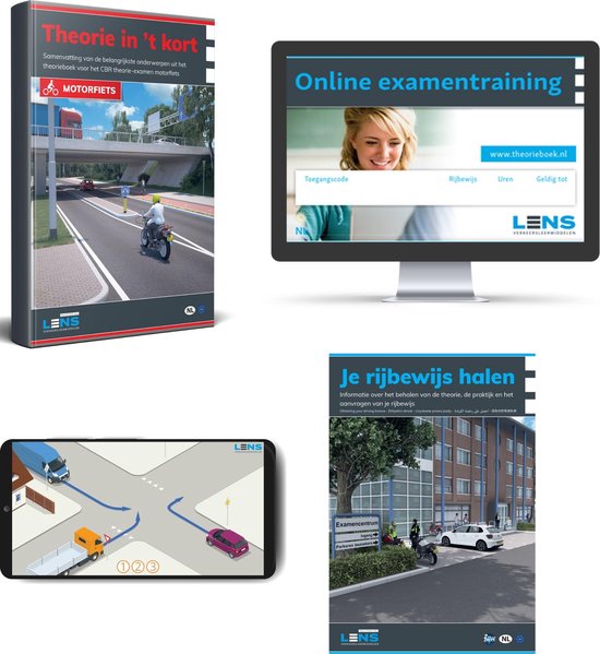 Motor Theorie Rijbewijs A (30 uur) 3250 oefenvragen + 50 Online Examens met Samenvatting & Mobiele Apps en CBR Gids - Rijbewijs A - Slagen zonder theorieboek - Lens Media
