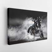 Canvas schilderij - High power motorcycle chopper with man rider at night. Fog with backlights on background.  -     647007121 - 115*75 Horizontal