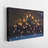 Canvas schilderij - Night wedding ceremony with a lot of vintage lamps and candles on big tree  -     675232714 - 40*30 Horizontal
