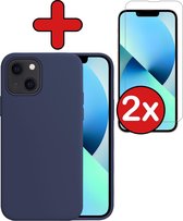 Hoesje Geschikt voor iPhone 13 Hoesje Siliconen Case Hoes Met 2x Screenprotector - Hoes Geschikt voor iPhone 13 Hoes Cover Case - Donkerblauw