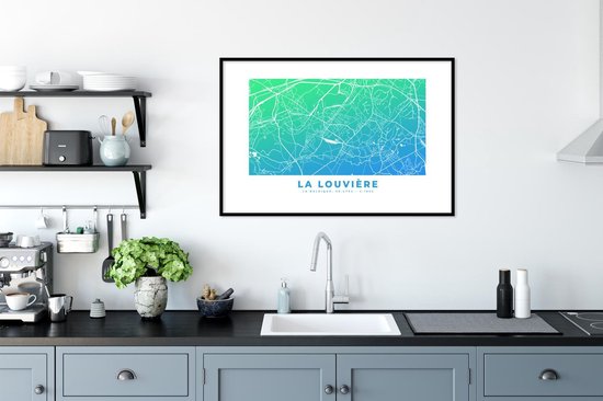 Cadre photo avec poster - Plan de ville - België - La Louvière - Blauw - 90x60 cm - Cadre poster - Carte