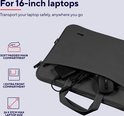 Zwarte laptoptas die een laptop vasthoudt, met tekst die de functies "Zacht gevoerd hoofdvak", "1 extra voorvak" en "Maximale laptopmaat 26 x 37 cm" beschrijft.