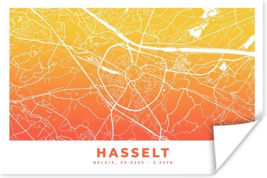 Affiche Plan de ville - België - Hasselt - Jaune - 90x60 cm