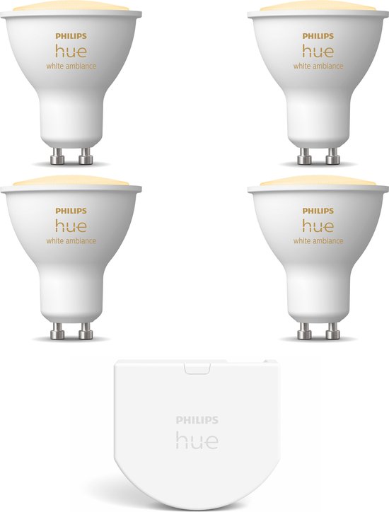 Philips Hue GU10 White Ambiance Uitbreidingspakket - 4 Hue Lampen en Wall Switch - Warm tot Koelwit Licht - Dimbaar
