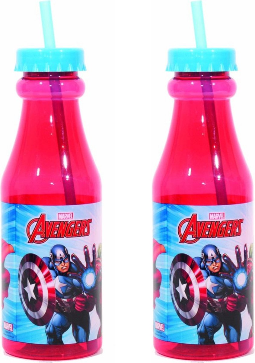 Giovas Drinkbeker Met Rietje Avengers Glas Rood/lichtblauw 500 Ml - set 2 stuks