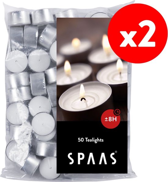 SPAAS Duopakket Theelichten zak, waxinelichtjes - 2 x 50 (100) 8 uur - wit -... | bol.com