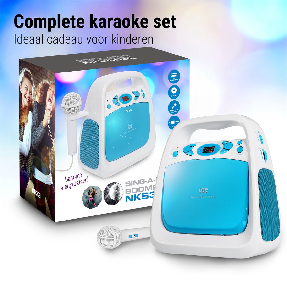 Nikkei NKS30BL Karaoke Set voor Kinderen met Microfoon CDSpeler