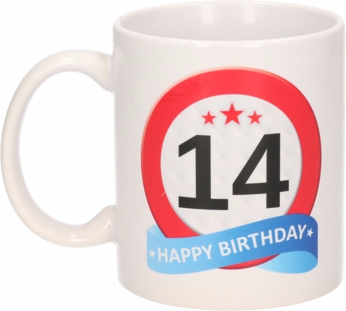 Beallatio Decorations - 14 jaar Verjaardag koffiemok - cadeau beker - stopbord print met happy birthday - 300 ml - keramiek - wit