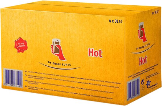 Gele kartonnen doos met "Chocomel Hot" logo en afbeelding van een mok warme chocolademelk.