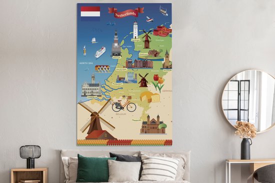 Carte des Nederland avec des vues 120x180 cm - Tirage photo sur Toile (Décoration murale salon / chambre) XXL / Groot format!