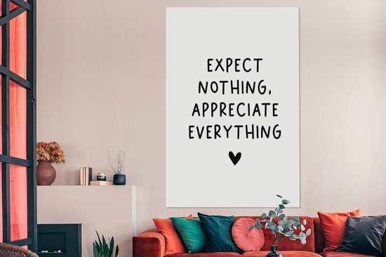 Tableau Peinture sur toile Citation anglaise N'attendez rien, appréciez tout avec un coeur sur fond blanc - 120x180 cm - Décoration murale XXL