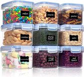 Set voorraaddozen, 0,8 liter, voor muesli en vershouddozen, BPA-vrij, kunststof, luchtdicht, droogvoercontainers, set van 9, 24 etiketten voor granen, meel, suiker