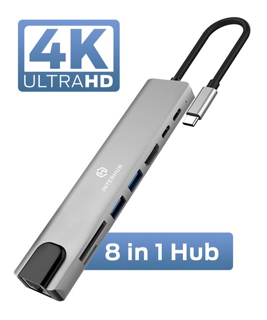 USB C Hub 8 in 1 - USB splitter - USB C dock - USB 3.0 - 4K UHD HDMI - Apple / Chromebook / HP / Asus / Lenovo - Ethernet - Interhub®