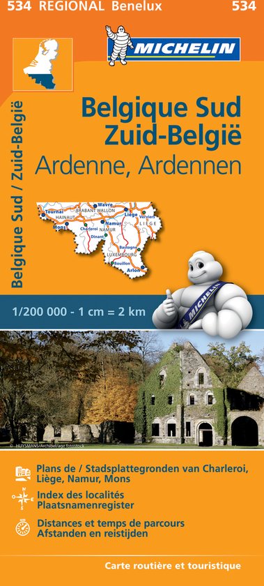 Michelin kaart 534 Zuid-België, Ardennen. Toont een kaart met steden zoals Luik, Namen, Mons. Daaronder een foto van een ruïne.